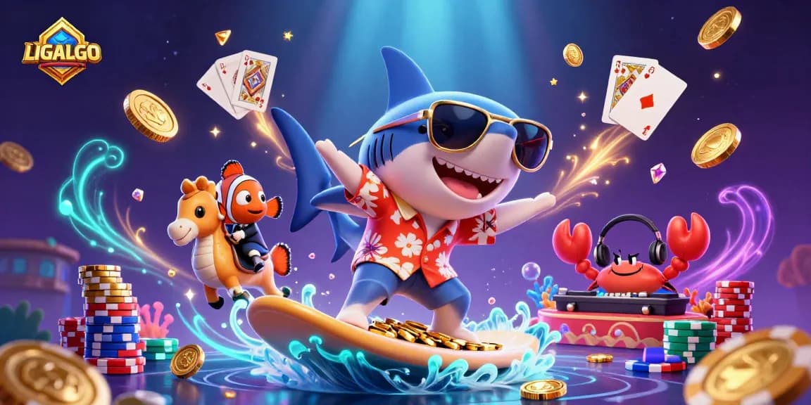LIGALGO enhances your luck as a shark surfs gold coins, capturing the thrill of online slots.