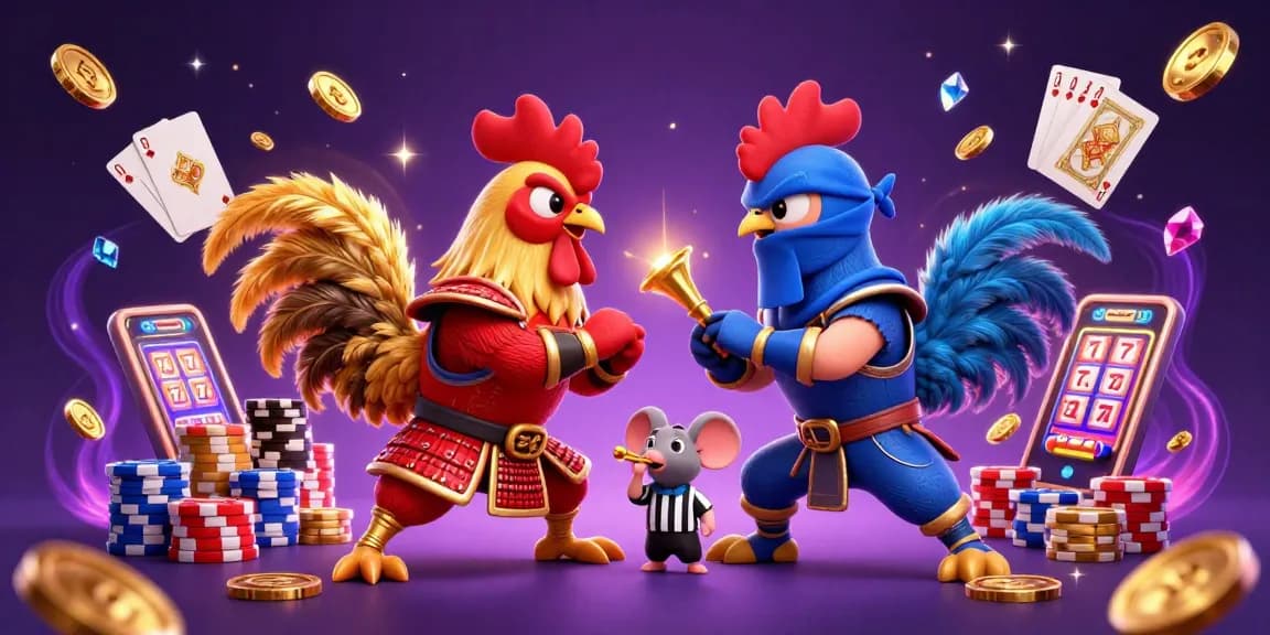 Experience thrilling action with 33WIN's vibrant fighting roosters amid cascading coins and sparkling gems.