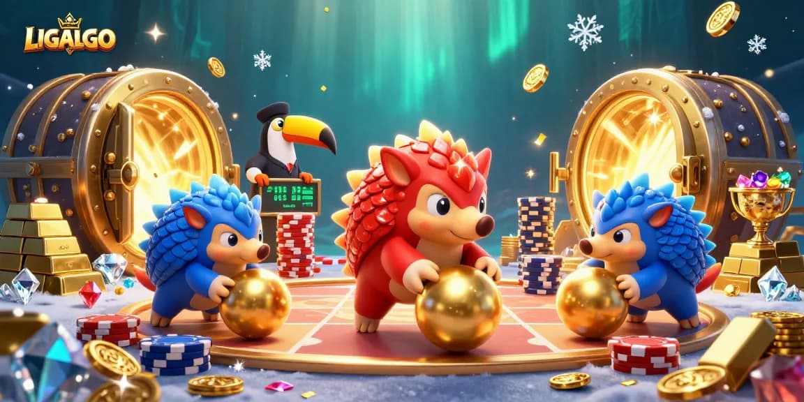 Engage with LIGALGO as rival pangolins compete in a lively casino-themed 3D scene.