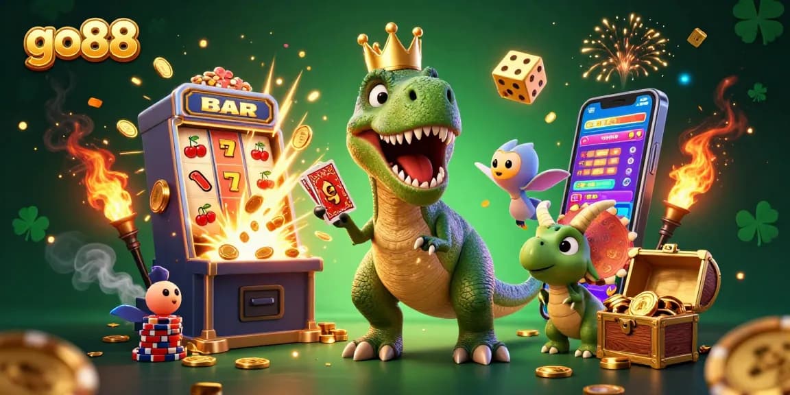Experience the thrill with go88 as a T-Rex shuffles cards, backed by a jackpot explosion and vibrant casino atmosphere.