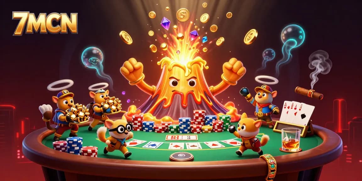 Experience exhilarating gameplay with 7MCN, featuring lively cartoon elements and captivating poker scenes.