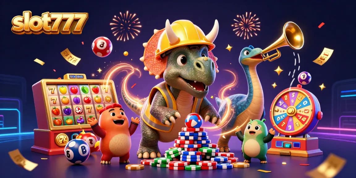 Engage with slot777 through a vibrant cartoon scene of celebrating dinosaurs and exciting game elements.