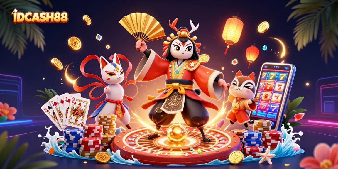 Play slots and win with IDCASH88, featuring a vibrant 3D scene packed with golden coins and dynamic gaming elements.