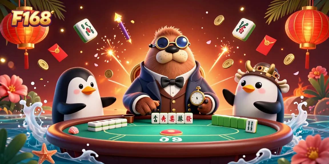 Experience F168’s vibrant underwater poker scene featuring a jolly walrus, penguin dealer, and a bluffing pufferfish.