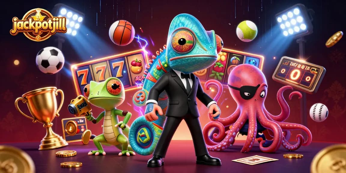 Jackpotjill showcases a vibrant 3D illustration with a colorful casino theme including characters and slot elements.
