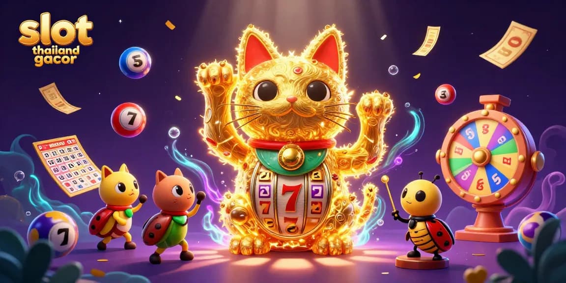 Experience big wins at slot thailand gacor while witnessing a lively scene of colorful slot games and excited characters.