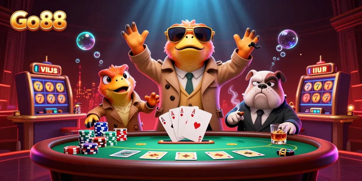 Experience adrenaline at Go88 with cartoon raptors aiming for VIP entry in a dazzling casino scene.