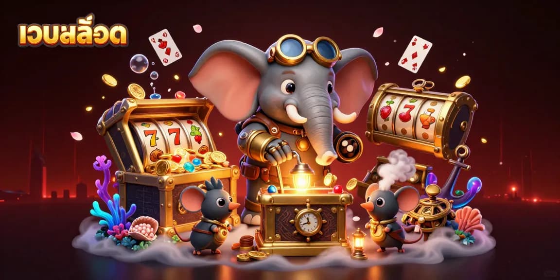 Experience thrilling เว็บสล็อต action with a steampunk elephant spinning the slot machine in a vibrant casino scene.