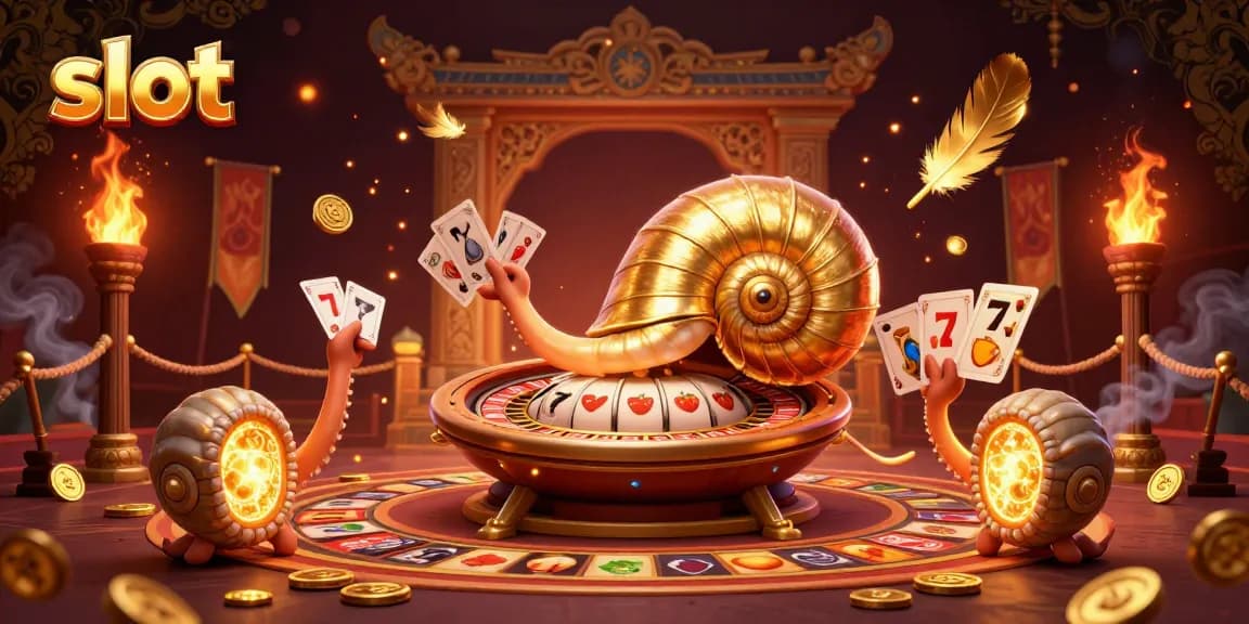 Spin the slot reels in this vibrant 3D scene featuring a giant nautilus and lucky symbols.