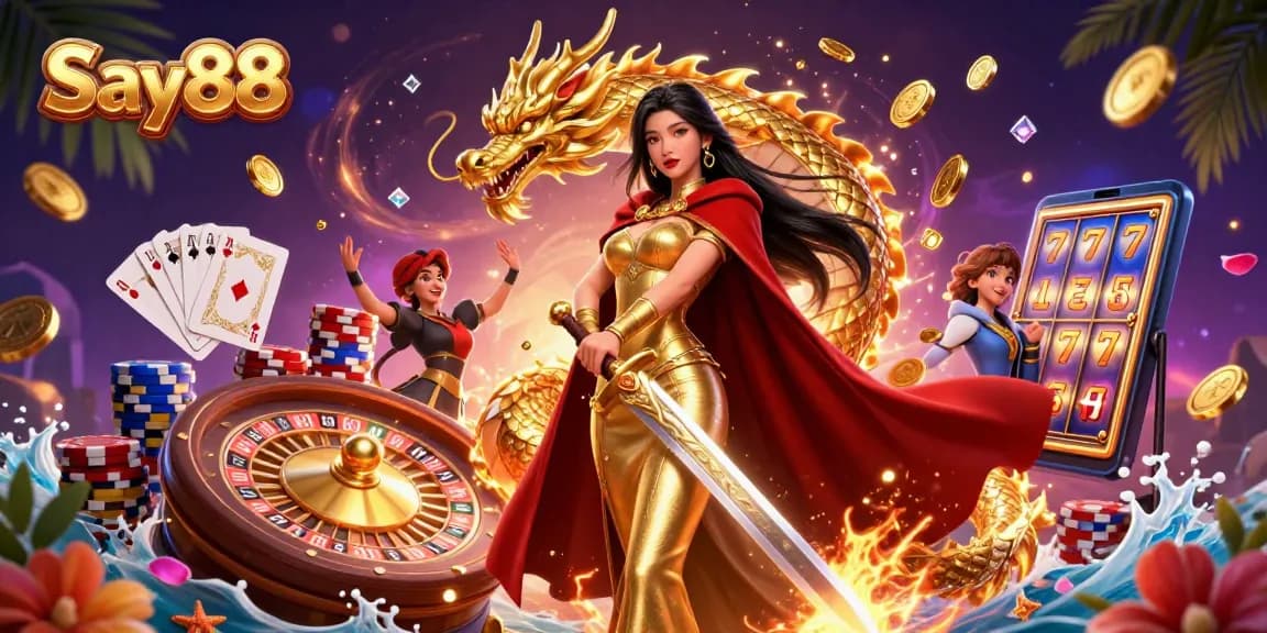 Experience the thrill of Say88 with captivating gaming elements and a majestic warrior queen.