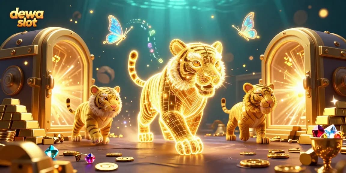 Menghadirkan dewa slot yang menakjubkan dengan harimau emas dan efek gemerlap dalam kasino digital.