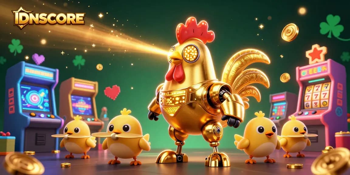 IDNSCORE showcases a vibrant casino scene where a golden rooster robot engages players with exciting gaming experiences.
