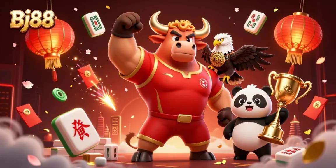 Bj88 engages players with a lively 3D illustration showcasing a bull mascot celebrating victory amid casino-themed elements.