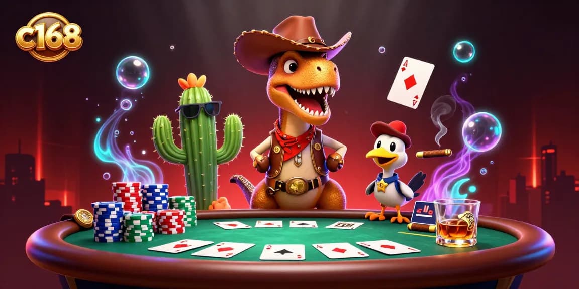 c168 interactive poker experience with cartoon dinosaur, poker elements, and vibrant gaming atmosphere