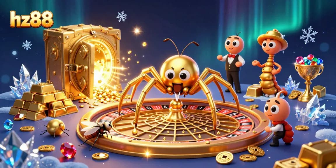 Experience excitement with hz88, a buzzing casino scene featuring a spider roulette and vibrant treasures.