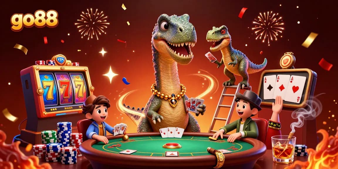 Engage in thrilling gameplay at go88 as a massive cartoon brontosaurus oversees a vibrant poker table.