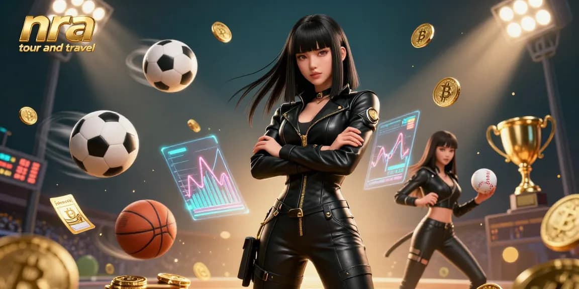 NRA tour and travel showcases a dynamic scene with a powerful Asian model amid vibrant gambling elements and sports symbols.