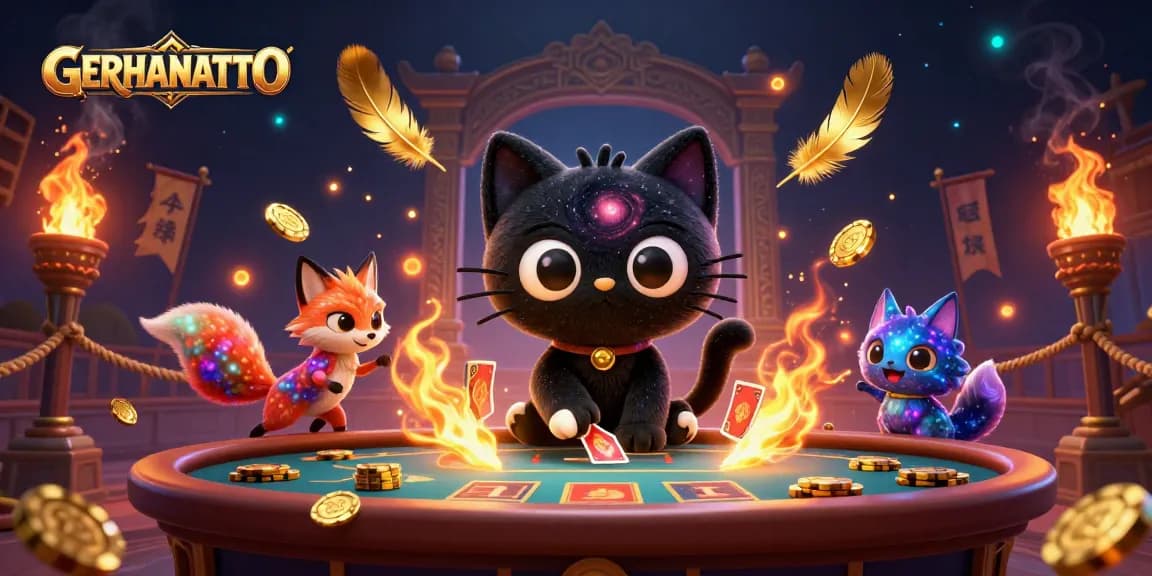 GERHANATOTO menampilkan kucing lubang hitam 3D yang menarik chip emas dan kartu di meja kasino yang dinamis.