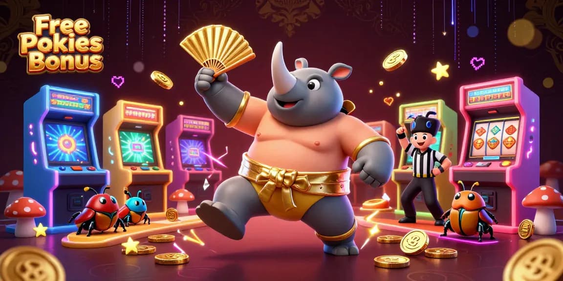 Experience the thrill of Free Pokies Bonus with a dynamic 3D scene of fun game elements and colorful characters.