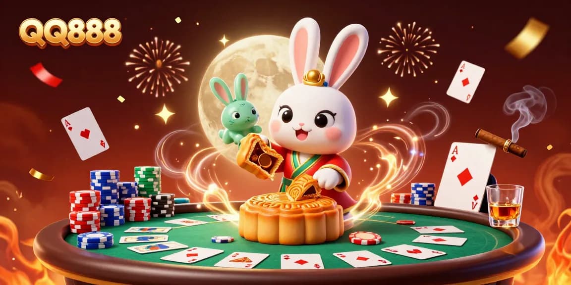 Experience thrilling adventures with QQ888 where a moon rabbit reveals poker chips within golden mooncakes on the lunar surface.
