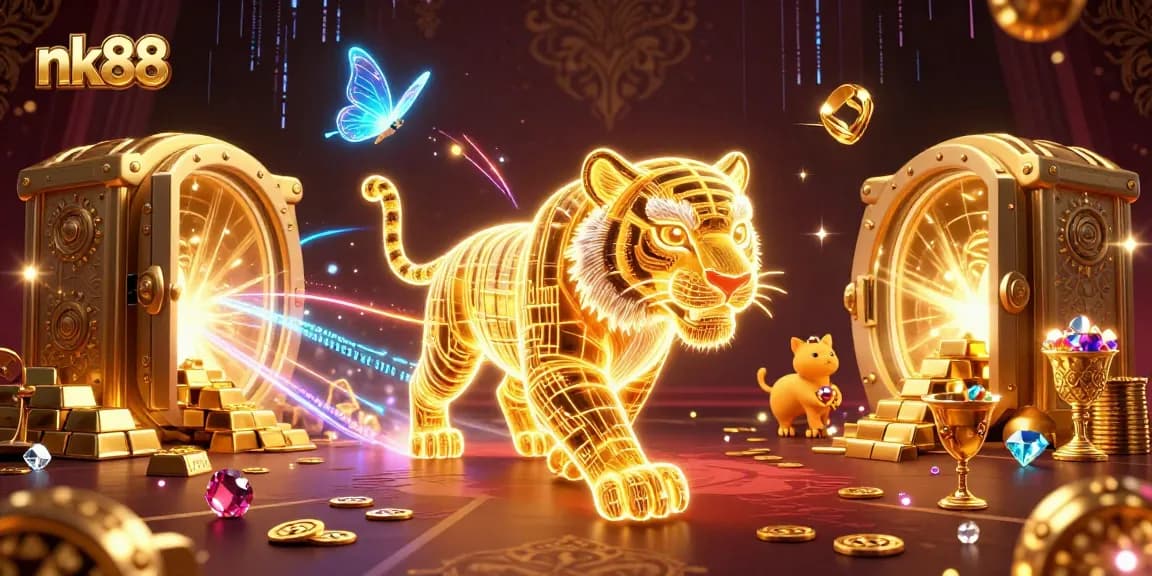 Experience thrilling gameplay at nk88 with a golden tiger next to a treasure vault!