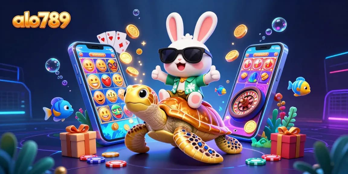Experience immersive gameplay at alo789 with a lucky rabbit and golden turtle highlighting thrilling casino excitement.
