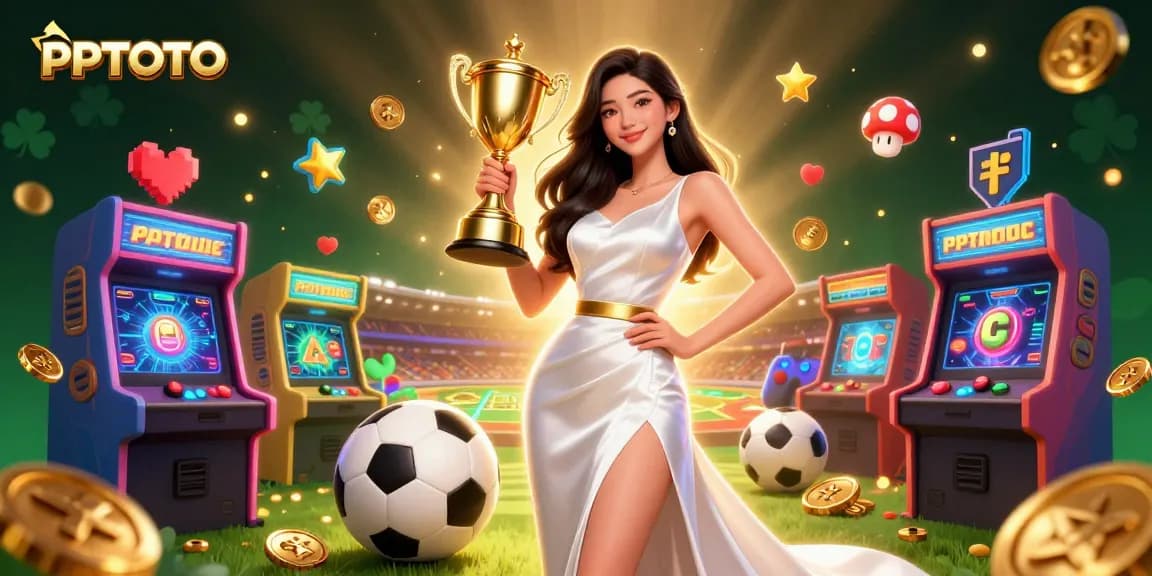 PPTOTO menampilkan elemen taruhan olahraga yang dinamis dengan tema kemenangan dalam ilustrasi kasino yang berwarna-warni.