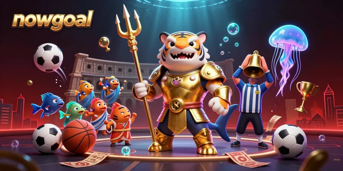 Watch nowgoal showcase live sports betting excitement with a tiger shark in gladiator armor among vibrant casino elements.