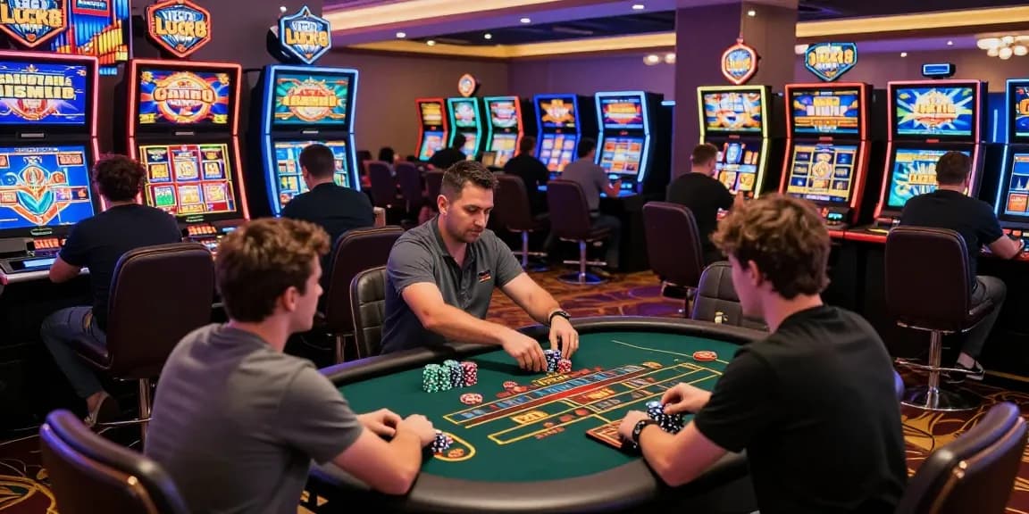 LUCK8 Casino's vibrant online gaming environment with players at slot machines and roulette tables.