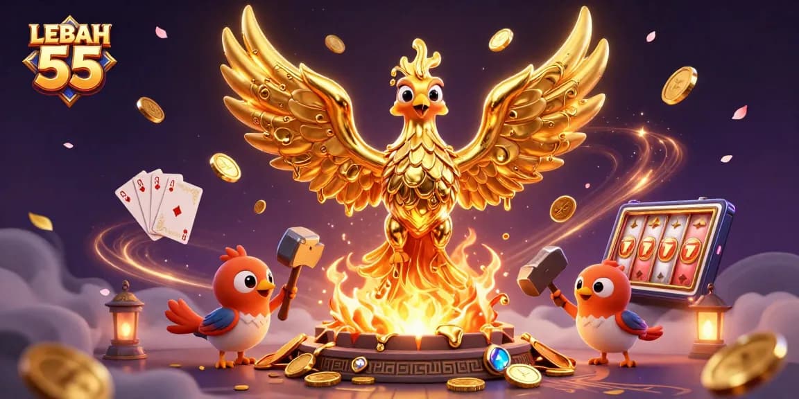 Engage with LEBAH 55's exciting online casino experience featuring vibrant 3D visuals and game elements.