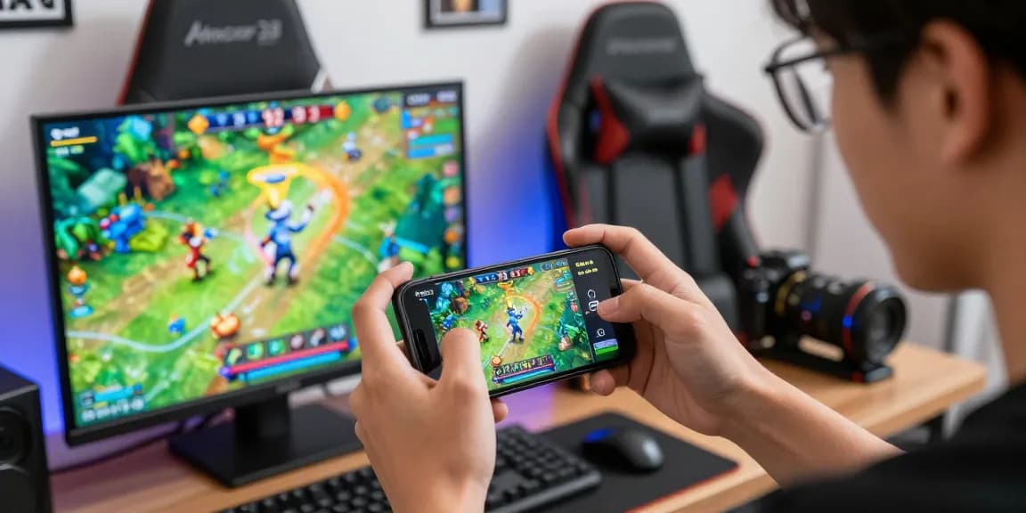 Player enjoying luck-33 mobile game in a modern gaming setup.