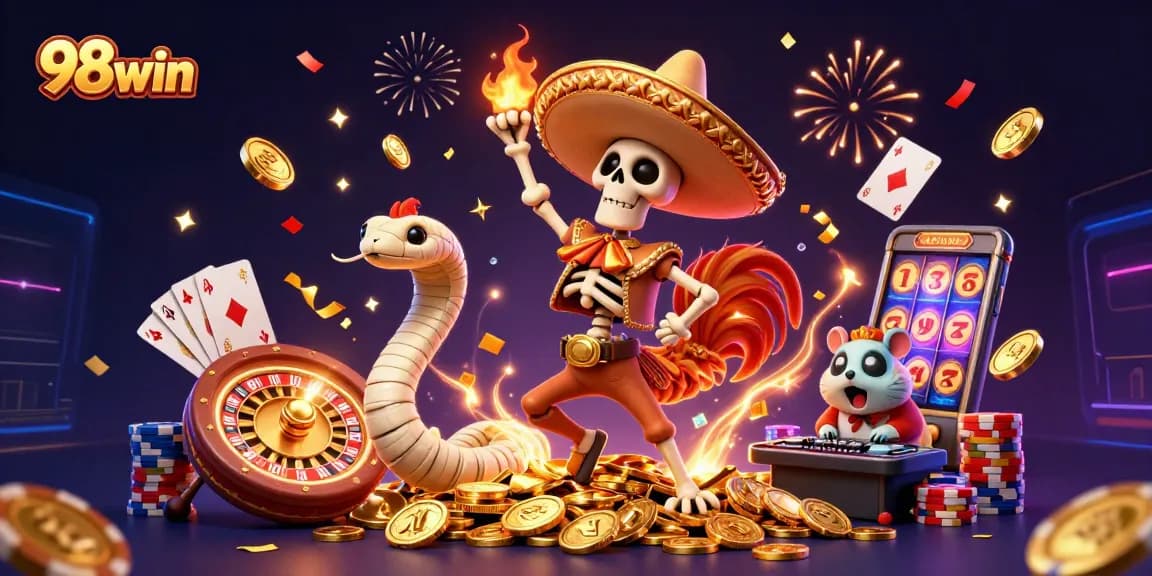 Experience thrilling casino games at 98win with a vibrant digital illustration featuring iconic gaming characters.