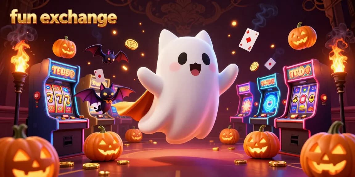 Engage with fun exchange gaming action in a vibrant 3D casino scene featuring a friendly ghost cat and vampire bat.