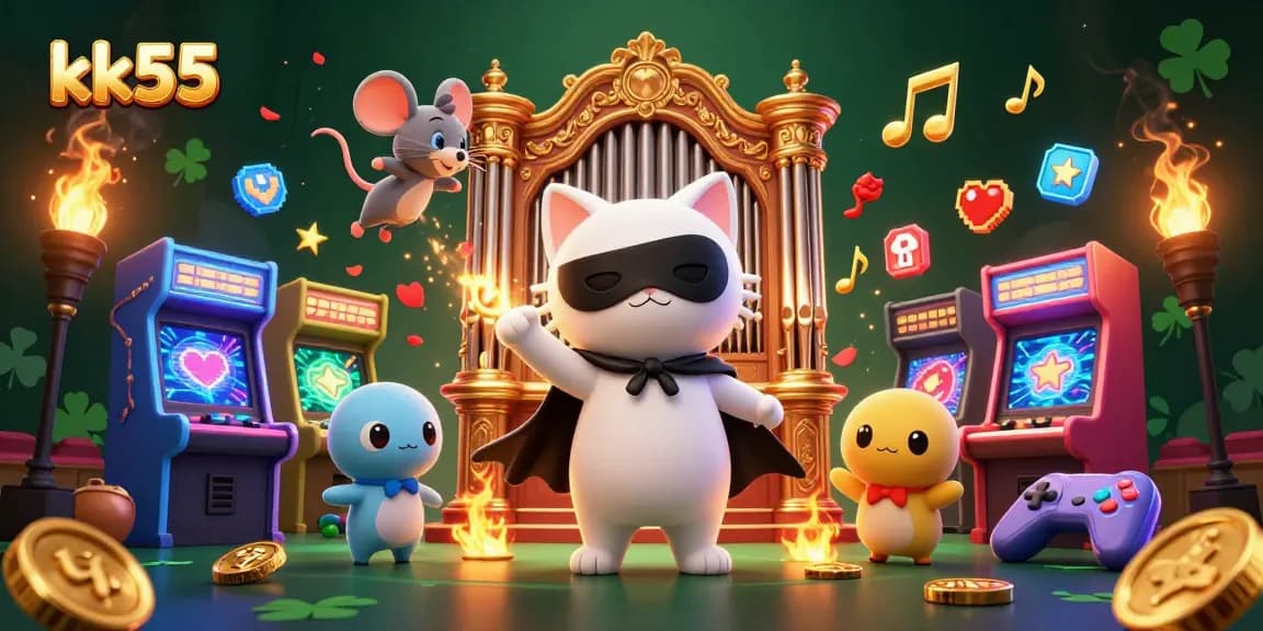 Engage with excitement at kk55 casino, featuring vibrant characters, game machines, and magical elements.