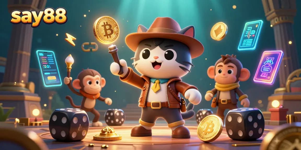 Experience the excitement of say88 with a cat explorer and monkey amidst a treasure-filled casino scene.