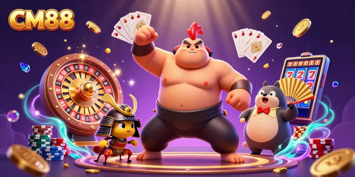 Experience the thrill of gaming at CM88 with a dynamic scene featuring a powerful sumo rooster and a fierce cricket amidst a vibrant casino atmosphere.