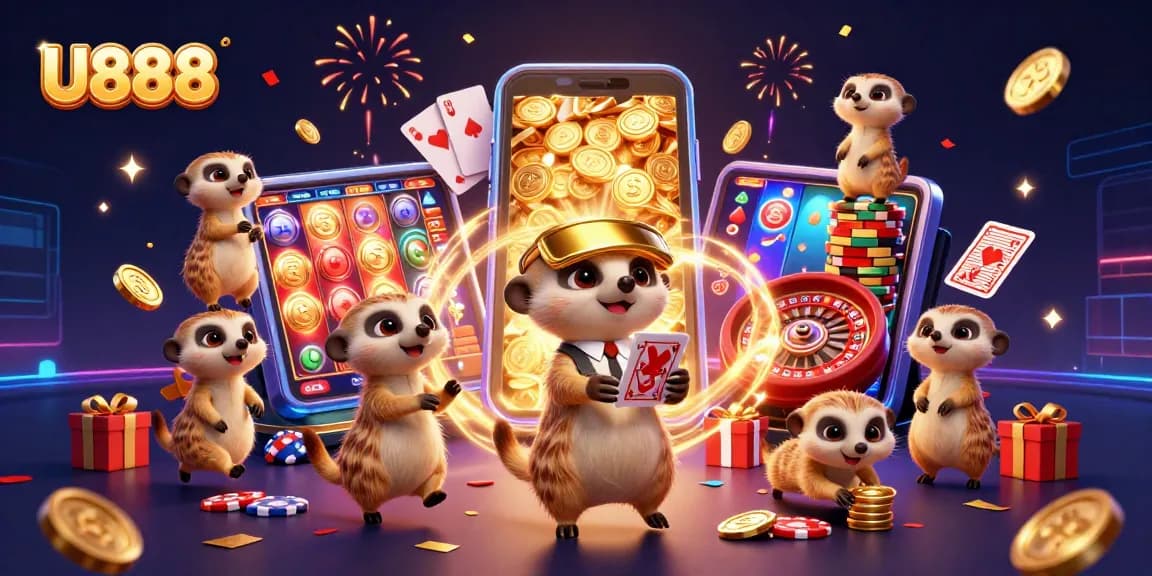 Experience the thrilling U888 gambling world with meerkats managing a vibrant casino.