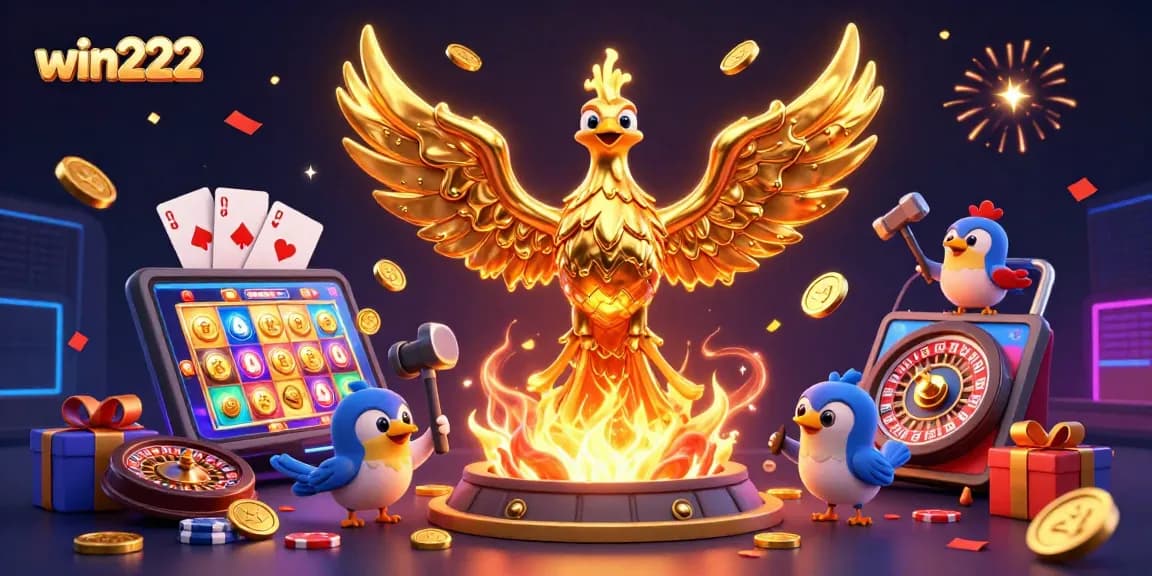Win222 captivates players with a dazzling phoenix and dynamic game elements in a vibrant casino scene.