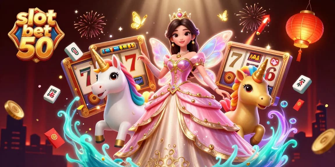 Engage with slot bet 50 in this vibrant 3D casino illustration featuring a glamorous character and dynamic elements.