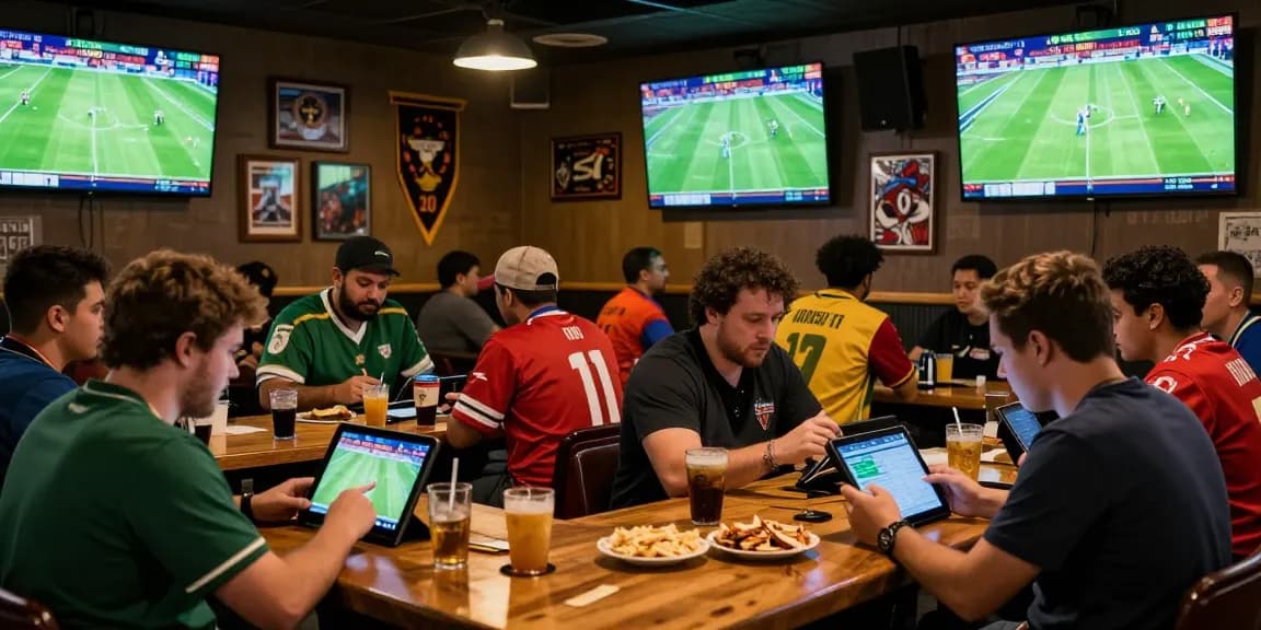Soi kèo scene in a vibrant sports bar with fans analyzing matches and betting odds.