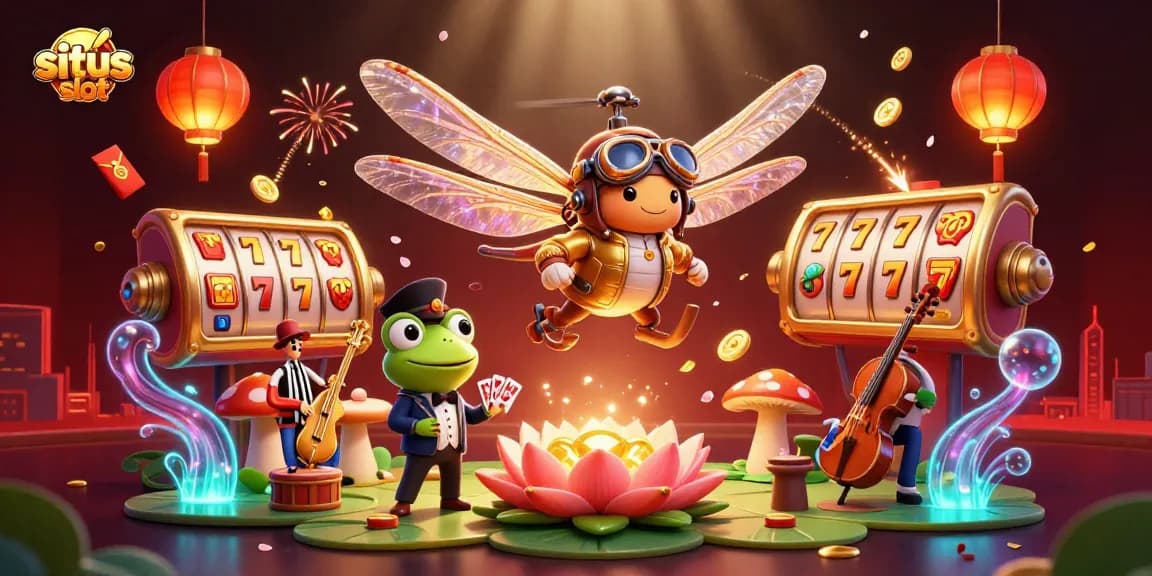 Spin the situs slot reels in a vibrant scene featuring a dragonfly pilot, frog croupier, and jazz musicians.