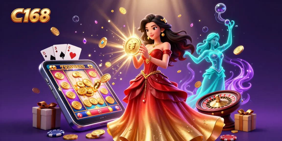 C168's vibrant scene showcasing a stunning Asian woman with golden coins, capturing the excitement of online gambling.
