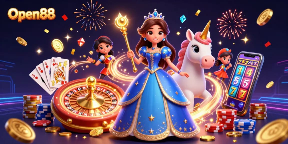 Play exciting games at Open88, featuring a glamorous woman, unicorn, and dynamic casino elements.