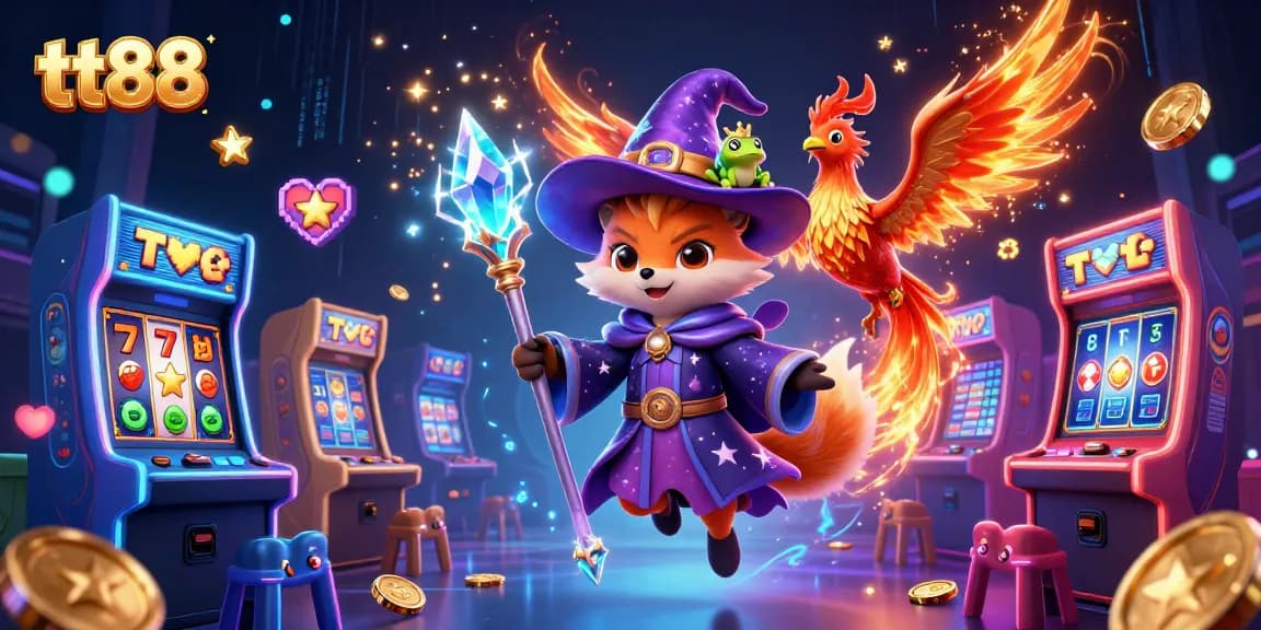 Play exciting slot games with tt88 in a vibrant 3D cartoon casino scene full of magical elements.