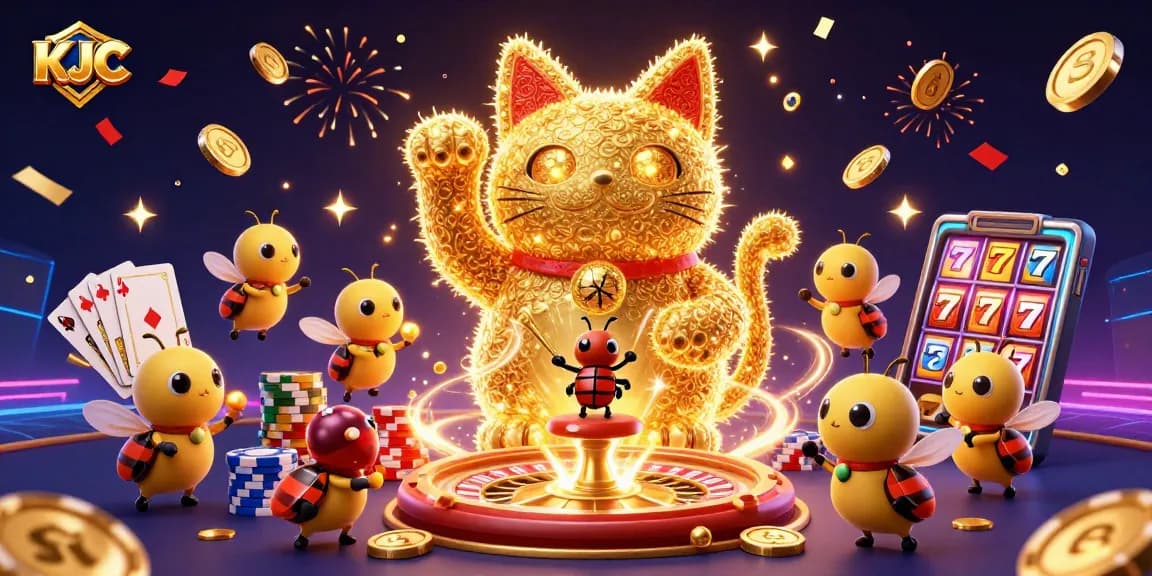 KJC showcases a dynamic lucky cat formed by fireflies amidst casino symbols, coins, and cards.