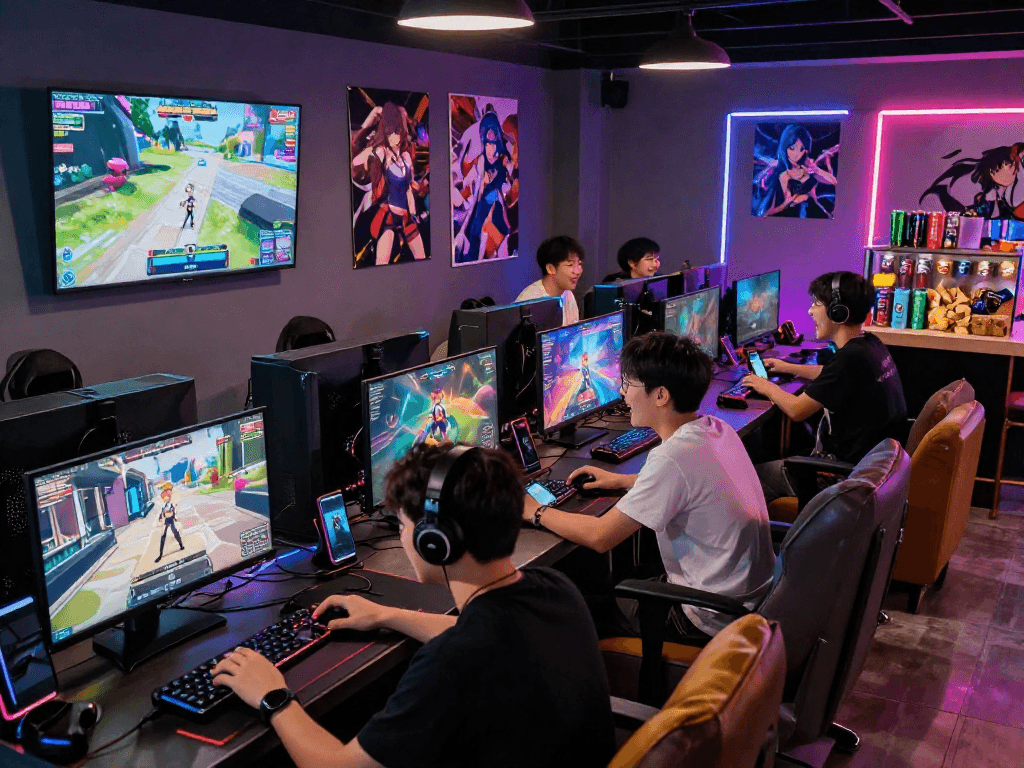Enjoying hentai games in a vibrant gaming lounge with friends.