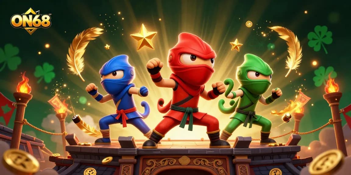 Experience thrilling wins with ON68 featuring a dynamic 3D chameleon ninja team in action.
