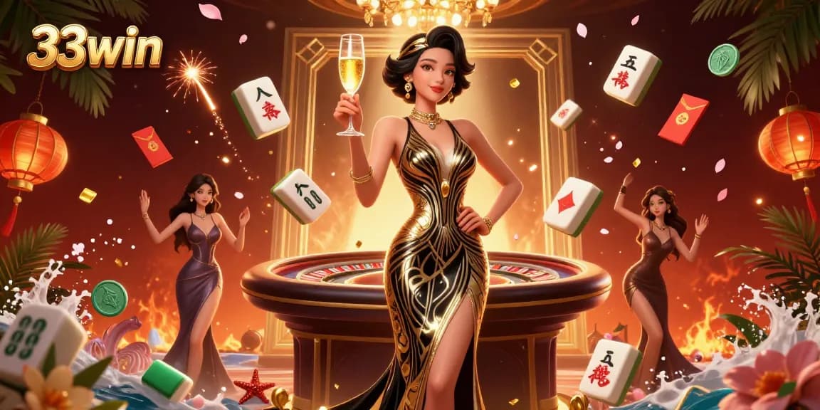 Experience the excitement of gambling with 33win in a captivating casino scene featuring a glamorous woman.