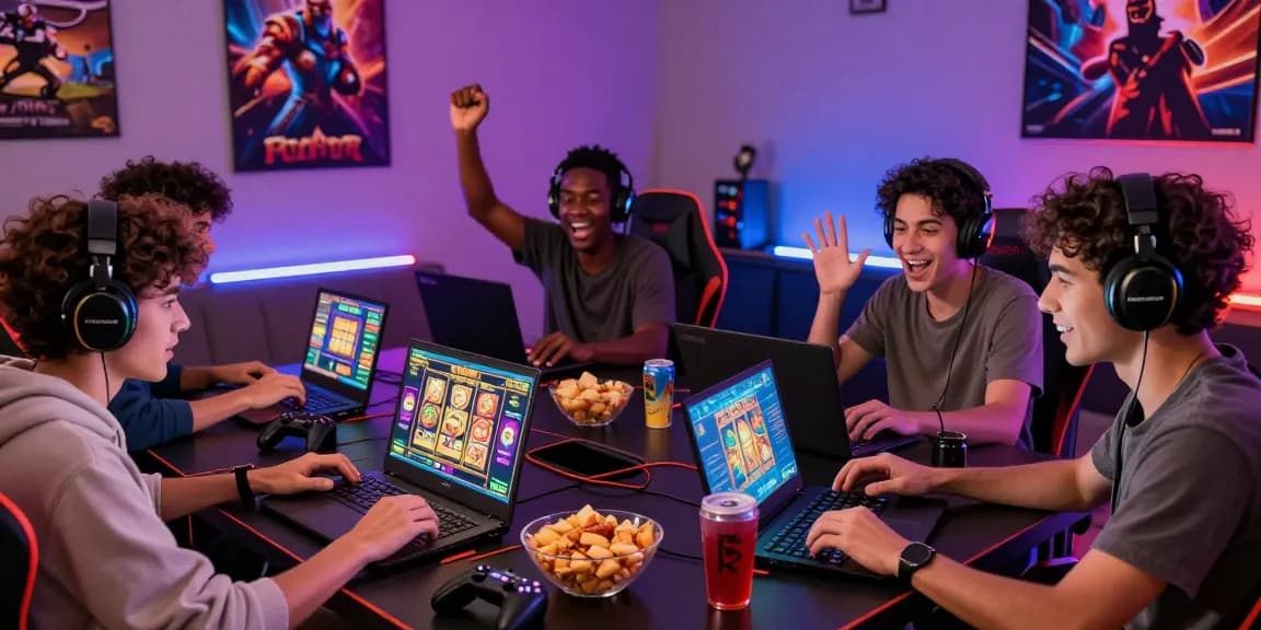 Exciting pajaktoto online gaming session with friends enjoying slots and snacks.