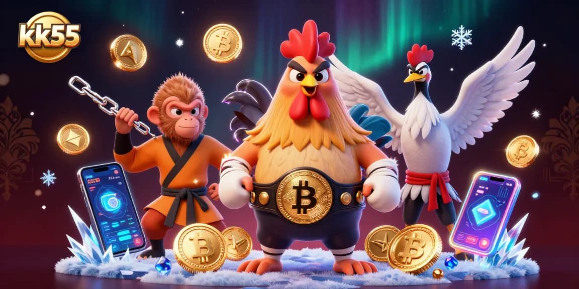 Engage with kk55 in a thrilling casino atmosphere featuring energetic characters and crypto elements.